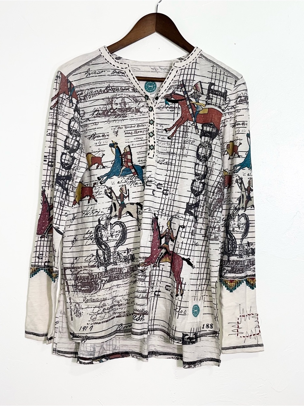 Double D Ranch Stockman’s Bill of Sale Ledger Art Western Henley Top Tee Shirt - Picture 2 of 11
